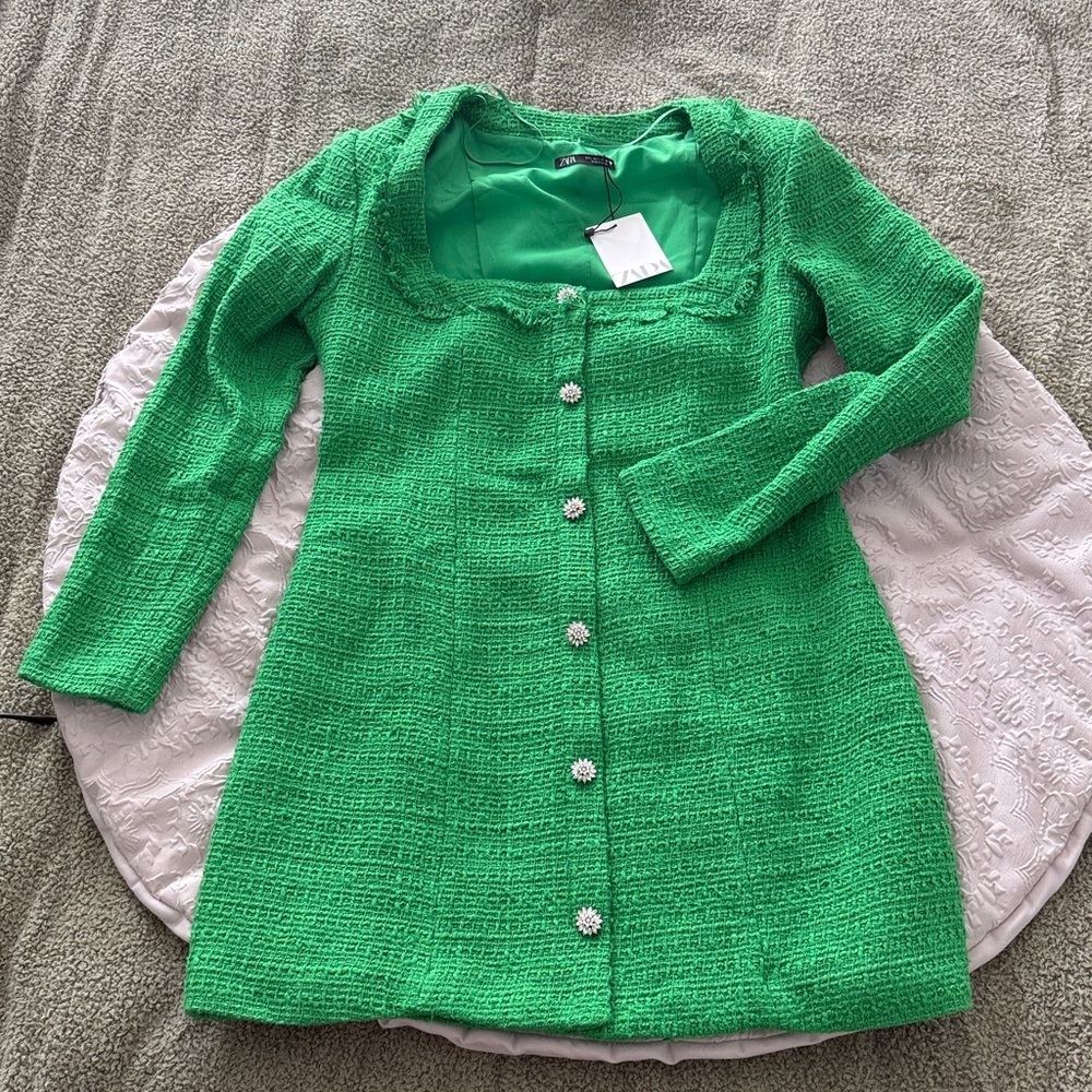 Zara Tweed Boucle squared neck long sleeves Jewel Buttons Green Dress Sz Large - Picture 13 of 15